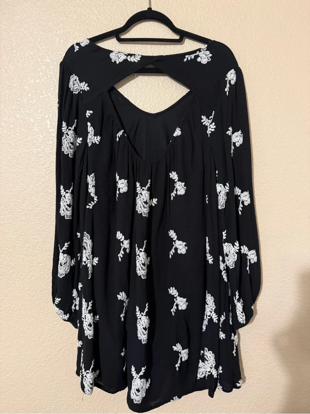 Free People Black Mini Dress with White Floral Embroidery